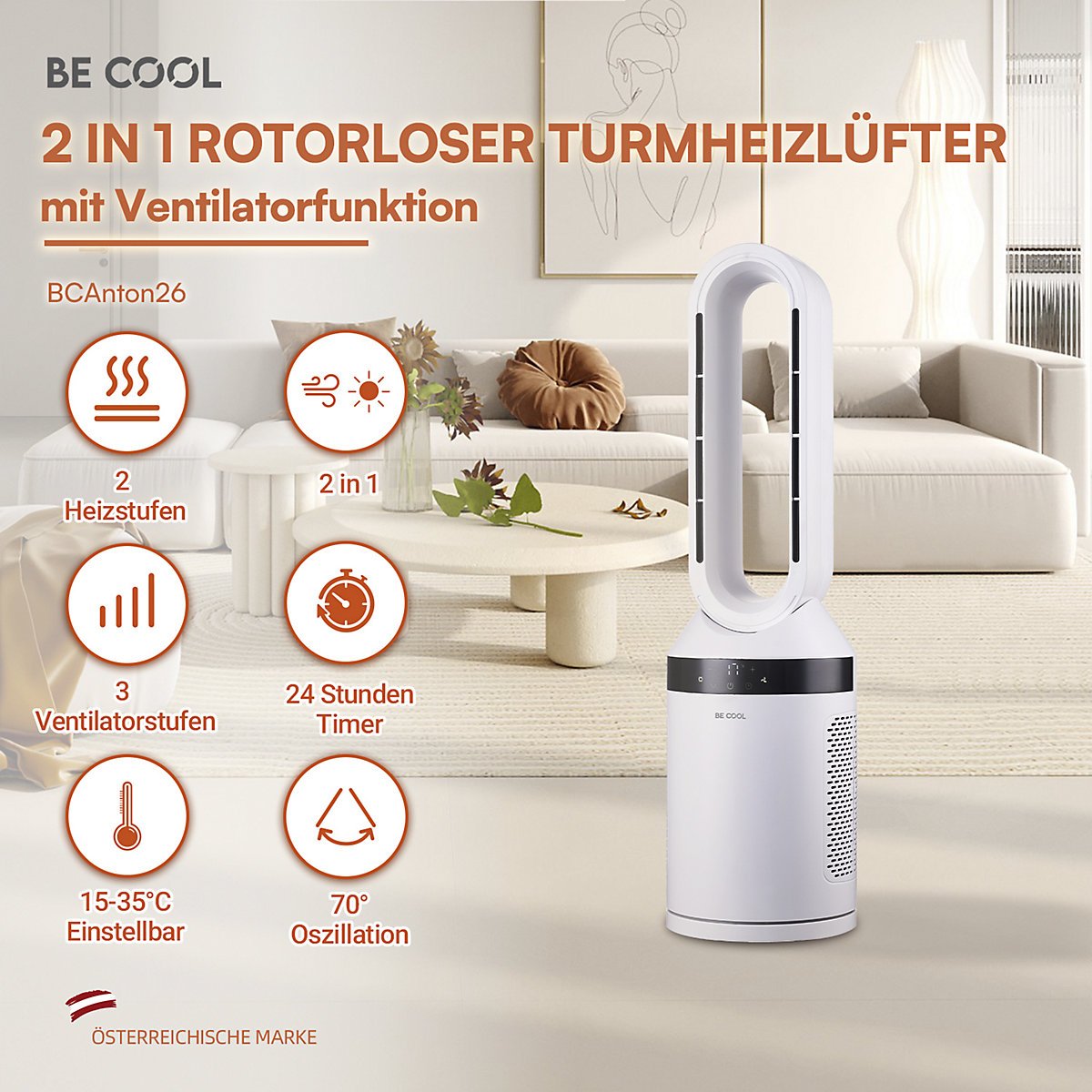 Ventilateur et chauffage colonne BE COOL Bladeless 2-en-1 – 2000 W – Image 4